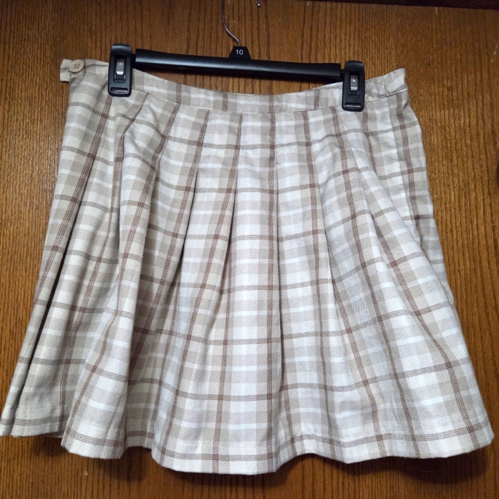 Plaid Pleated Skirt School Girl  - Cream and Brown Size XL
